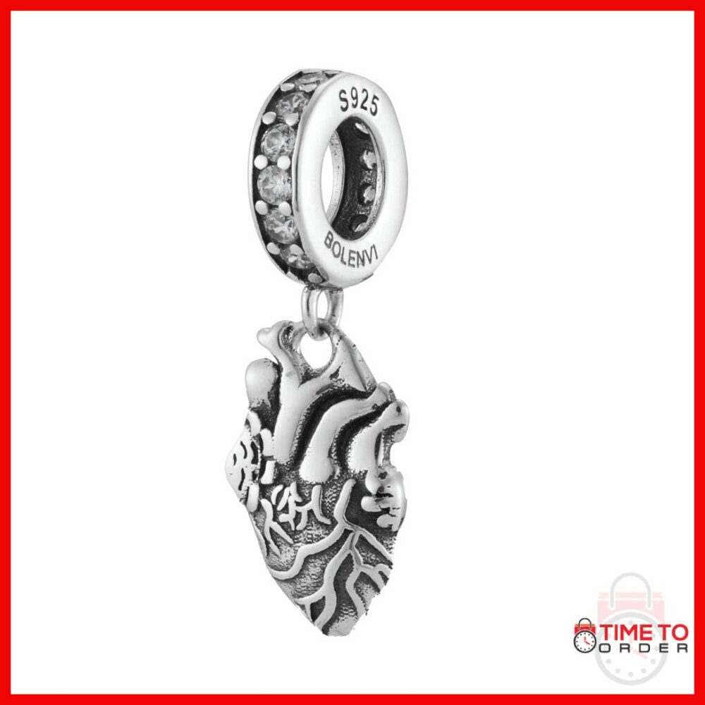 Sterling Silver Heart Charm Bead For Bracelets & Necklaces